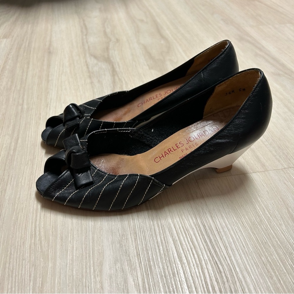 Charles Jourdan Vintage Open Toe Bow Pumps Black White Leather Womens 5‎ 1/2 5.5